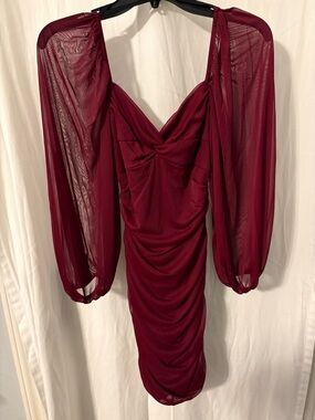 B Darlin Burgundy Ruched Dress with Sheer Bishop Sleeves